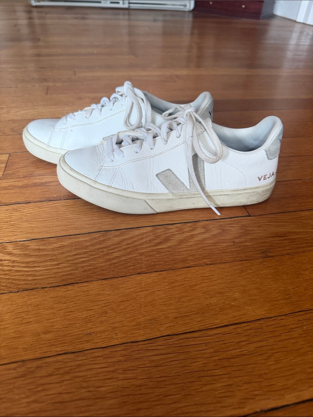 Veja  White Leather Low-Top Sneakers with Light Beige V Logo